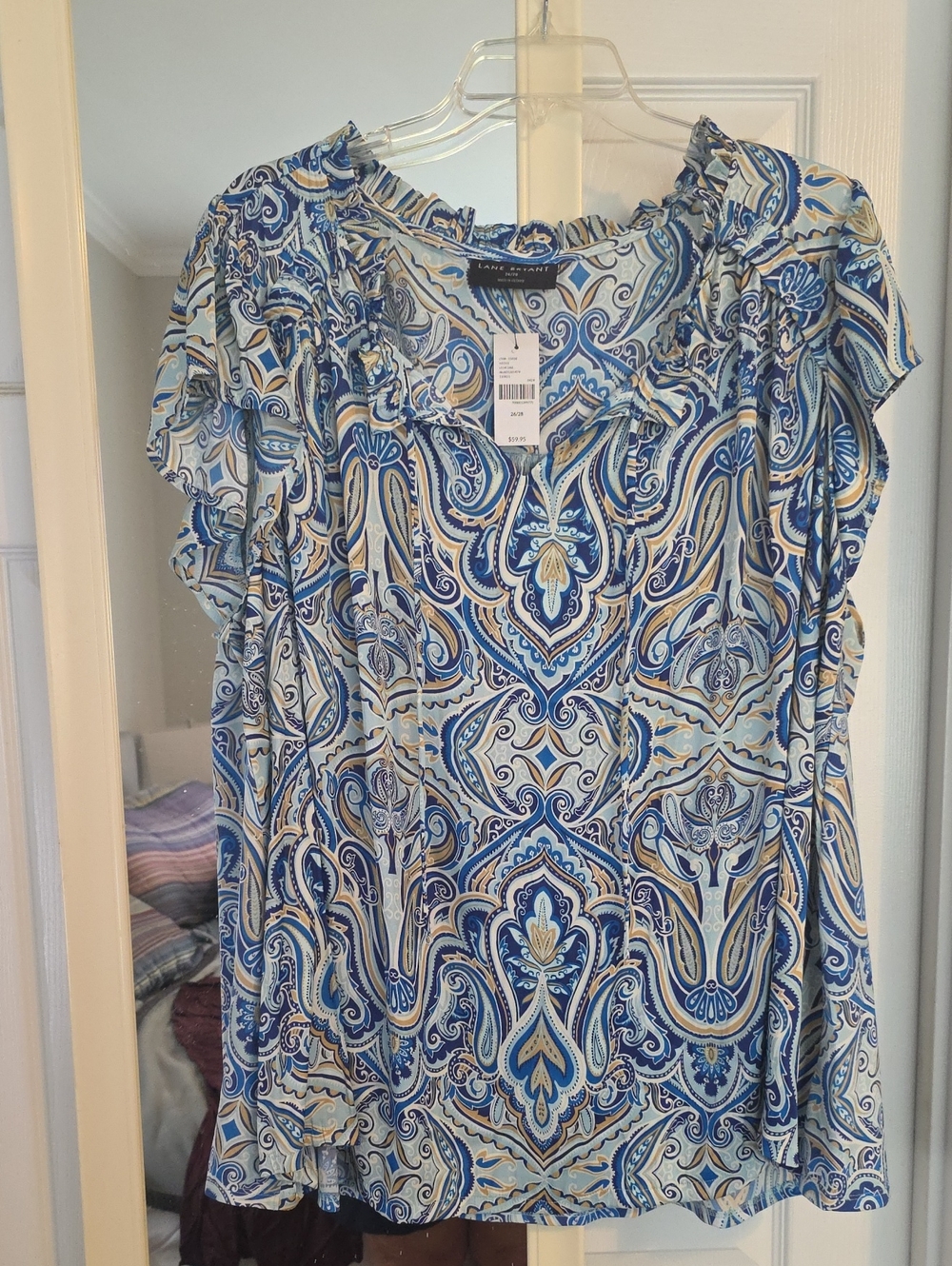 Lane Bryant Blue and Cream Paisley Top with Ruffle Neck